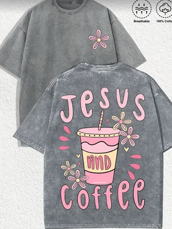 Tops - Woman’s'Jesus and Coffee' Graphic Tee - Pink on Washed Gray